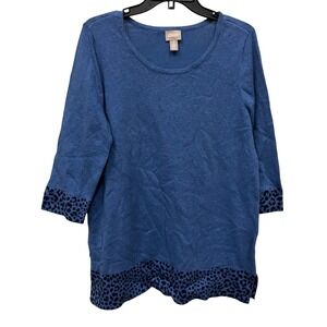 Chicos Blue Leopard rim Scoop Neck 3/4 Sleeve Knit Sweater Top Size 2 Large